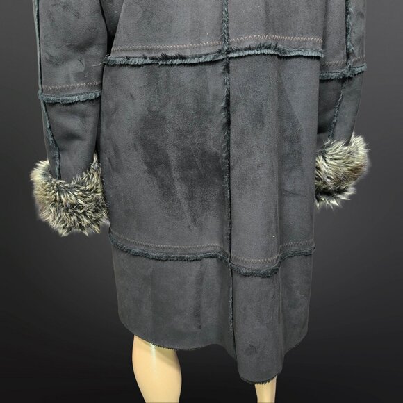Y2K Penny Lane Coat Size L Jones New York Black Faux Suede Faux Fur Trim Boho - Picture 9 of 11